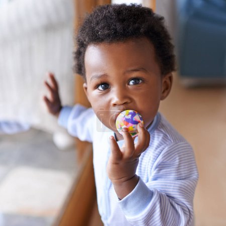 Photo for Portrait, baby or toy in play, coordination or growth as learning, game or progress in Jamaica. Black boy, child or ball in mouth as healthy, motor skill or fun in curious, cognitive or sensory. - Royalty Free Image