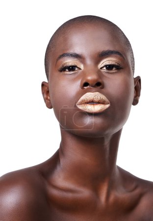 Photo for Portrait of black woman, beauty or makeup with lipstick, cosmetics or healthy skin in studio. Gold color, face or serious African girl model with glow or skincare results on white background. - Royalty Free Image