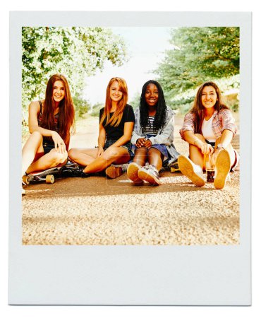 Photo for Women, friend group and portrait outdoor as polaroid picture for bonding connection, sisterhood or together. Female people, face and diversity in environment for relaxing joy, reunion or weekend. - Royalty Free Image