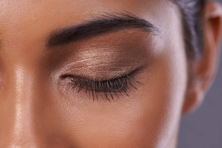 Photo for Woman, eyes and eyeshadow makeup as closeup of beauty cosmetics for skincare dermatology, mascara or healthy. Female person, eyebrow and wellness glow or closed for self care, extension or treatment. - Royalty Free Image