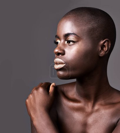 Photo for Thinking, makeup and black woman with lipstick, beauty and dermatology on grey studio background. African person, girl and model with aesthetic or shine with grooming, glow or artistic with treatment. - Royalty Free Image