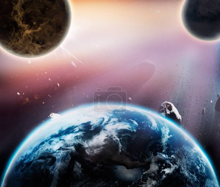 Photo for Solar system, galaxy and earth in planet with sun for light in sky, space and universe with world globe. Elements, nature, and asteroid rocks in atmosphere for cosmic environment and human life - Royalty Free Image
