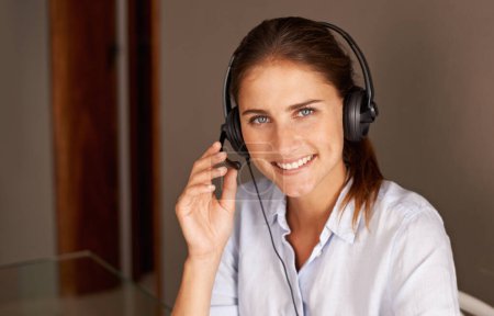 Photo for Portrait, customer service and sales consultant with headset professional, formal clothes and working in office. Woman, smile and talking with clients for support, advise and help in call center. - Royalty Free Image