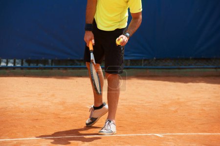 Photo for Person, serve and competition on tennis court, athlete and racket or ball for professional match. Fitness, outdoor and playing in training for tournament and skill of strong champion player in game. - Royalty Free Image