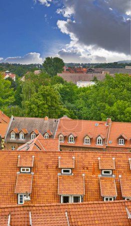 Photo for Rooftop, Europe and location for outdoor, historical and forest in travel with historic architecture. Germany, villa and windows for outside, real estate and tourist attraction in urban background. - Royalty Free Image