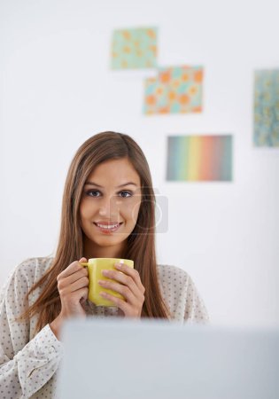 Photo for Happy, woman and portrait on coffee break in office and relax with drink at desk in London. Professional, person and enjoy green tea or latte with espresso in morning at workplace for calm moment. - Royalty Free Image