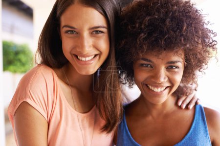 Photo for Friends, women and smile portrait with hug outdoor for support, relax and summer holiday with confidence. People, face and happiness with embrace for care on vacation for travel, road trip and break. - Royalty Free Image