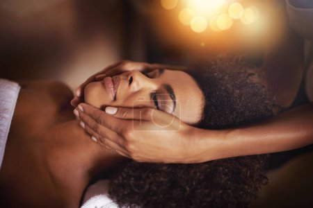 Photo for Black woman, hands and masseuse for face massage, beauty and bodycare at spa for stress relief and wellness. Dermatology, facial treatment and healing for zen, self care and happy at luxury resort. - Royalty Free Image
