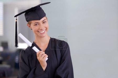 Photo for Graduate, diploma and portrait of happy woman at college for scholarship in Canada. Face, graduation or smile of student with certificate for education, achievement or success at university on mockup. - Royalty Free Image