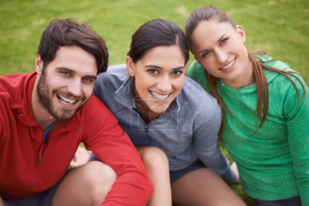 Photo for Fitness, sports and portrait of friends in field ready for practice, playing game and match outdoors. Happy, group and man and women on grass for training, exercise and workout together for wellness. - Royalty Free Image