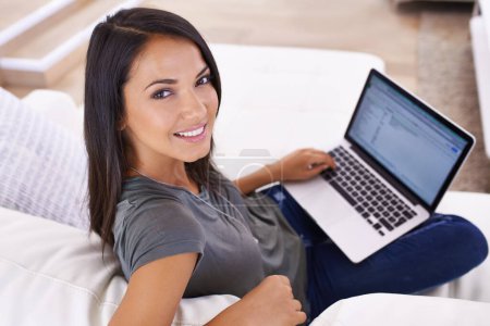 Photo for Portrait, remote work from home and woman with laptop, smile and business with internet and smile. Face, person and freelancer with computer and copywriting with ideas and planning with website info. - Royalty Free Image