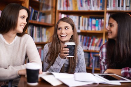 Photo for Women, students and coffee break for discussion in library and relax for bonding together in university. Friends, learning or collaboration for assignment or drink cocoa for inspiration in college. - Royalty Free Image