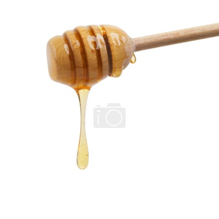 Photo for Honey, stick and product in studio in isolated white background for medicine, nutrition or wellness. Sweet, antioxidants and wood for produce, organic food and healthy ingredients in mockup space. - Royalty Free Image