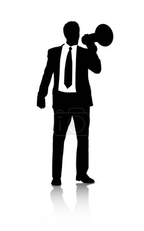 Photo for Businessman, suit and talking on bullhorn by white background and silhouette of working in corporate. Hr professional, broadcast or communication of recruitment or attention for hiring in abstract. - Royalty Free Image