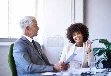 Photo for CEO, team and business people in training with tablet, teaching and internship in office. Manager, tech and senior mentor coaching happy woman, planning or diverse financial consultants in discussion. - Royalty Free Image
