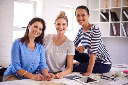 Photo for Teamwork, business and portrait of women for creative startup, collaboration and partnership for career. Professional, company and workers with tablet for project, planning and meeting in office. - Royalty Free Image