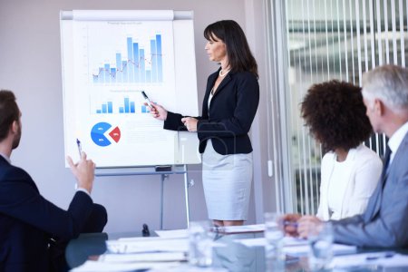 Photo for Business people, woman and presentation or teamwork on infographics with white board, financial statistics and sales. Meeting, employees and speaker with data analytics, graph report and revenue plan. - Royalty Free Image