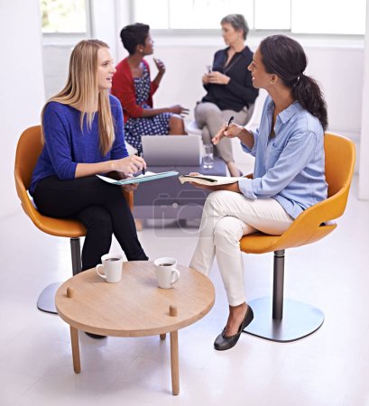Photo for Collaboration, women and communication with business meeting in modern office for creative planning and listening. Designer, employees and teamwork with discussion, notes or ideas for magazine design. - Royalty Free Image