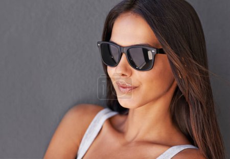 Photo for Fashion, mockup or woman in sunglasses in studio on background for cool eyewear or modern style. Model, trendy lady or confident female person isolated with stylish accessory, attitude or edgy shades. - Royalty Free Image