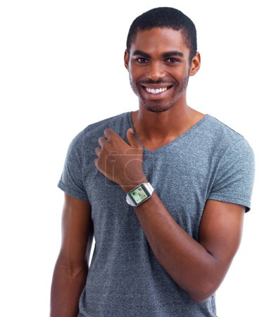 Photo for Portrait, smartwatch and black man with smile, screen and model isolated on a white studio background. Face, African person and guy with technology or check time with progress, tracker or digital app. - Royalty Free Image