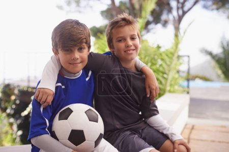 Photo for Children, portrait and friends with soccer ball for sport practice or training competition, exercise or fitness. Male people, face and football game for cardio playing in America, workout or athlete. - Royalty Free Image