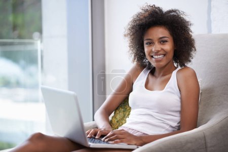 Photo for Portrait, black woman or laptop as writing, blog or article to search, social media or internet. Happy, female writer or blogger on computer as typing, browsing or viral meme for online communication. - Royalty Free Image
