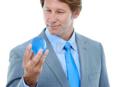 Photo for Businessman, hand and ball with vision or globe for career sight or job opportunity on a white studio background. Happy man or employee with smile holding round object or blue orb on mockup space. - Royalty Free Image