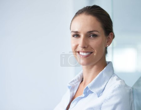Photo for Businesswoman, smile and portrait in office for career, corporate and mockup space. Professional female person, face and happy at occupation for new job, opportunity and ambition at workplace. - Royalty Free Image