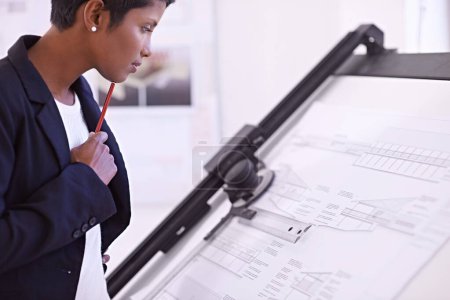 Photo for Floor plan, civil engineering or woman thinking of drawing for development project or planning on paper. Measure, architecture or female designer with ideas for sketching blueprint of office building. - Royalty Free Image