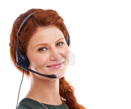 Photo for Woman, headset and portrait of agent in studio, customer service and crm by white background. Female person, consultant and helpdesk advisor or representative, mockup space and technical support. - Royalty Free Image