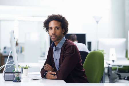 Photo for Portrait, computer or design and serious black man in office with creative career mission or mindset. Business, creative and startup with confident young designer in artistic workplace for employment. - Royalty Free Image