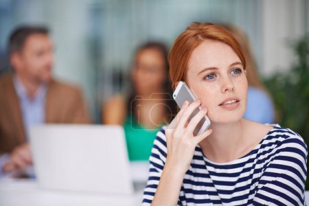 Photo for Business, phone call and woman at meeting in office for networking, negotiation or conversation. Communication, businesswoman or advisor on smartphone for consulting, connection or agenda at startup. - Royalty Free Image