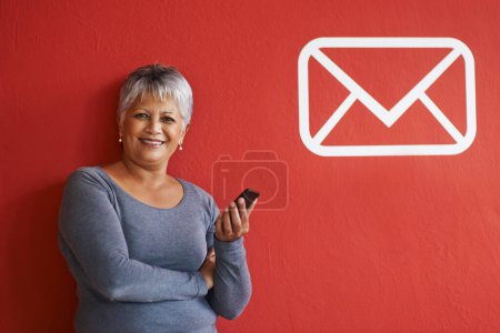 Photo for Portrait, woman and cellphone with message in mockup, notification and text on smartphone for networking. Elderly person, smile and happy with mobile for communication, connectivity with technology. - Royalty Free Image
