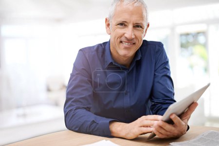 Photo for Tablet, app and portrait of senior man in house streaming, reading or ebook sign up. Face, smile or elderly male person with digital, search or online for google it, internet or subscription service. - Royalty Free Image
