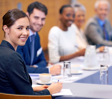 Photo for Happy woman, portrait and business with team in boardroom, meeting or discussion at the office. Group of corporate employees with smile for conference, planning or collaboration at the workplace. - Royalty Free Image