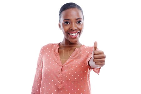 Photo for Black woman, portrait and thumbs up for agreement or feedback, yes and like emoji on white background. Positive review, vote and advice with thanks, hand gesture and success with support in studio. - Royalty Free Image