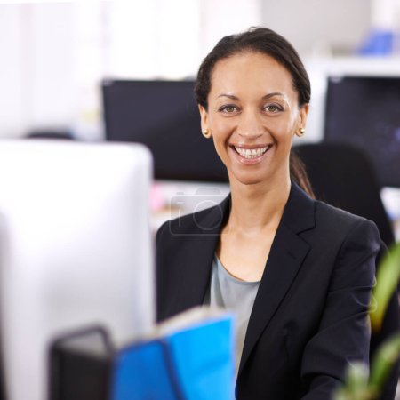 Photo for Business woman, portrait and office administrator at a computer with a smile and ready for digital work. Tech, desk and happy professional with online job and confidence from company admin career. - Royalty Free Image