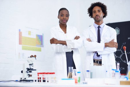Photo for Scientist, coat and portrait in lab for teamwork, chemistry and experiment with molecule, cylinder and microscope. Young people or colleague with medical research, biology or test for pathology. - Royalty Free Image