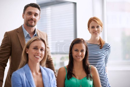 Photo for Portrait, office and group of business people with smile, opportunity or creative collaboration. Consultant, man and women with support, trust and confidence for professional team at startup together. - Royalty Free Image