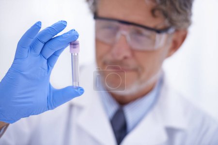 Photo for Science, laboratory and man with sample in vial for medical research, analysis and vaccine development. Healthcare, pharmaceutical and scientist with test tube for medicine, experiment and study. - Royalty Free Image