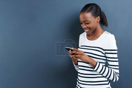 Photo for Phone, app or happy black woman on studio mockup for social media, research or web communication on grey background. Smartphone, search or model with google it, sign up or Netflix and chill download. - Royalty Free Image