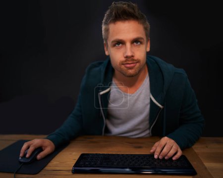 Photo for Man, keyboard for code and programmer typing, information technology with video game or software development. Internet, computer programming and face with gamer or developer for cyber security. - Royalty Free Image