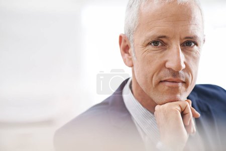 Photo for Senior businessman, portrait and thinking in office for idea, planning or problem solving insight. Face, vision or elderly male entrepreneur with why, questions or brainstorming recruitment solution. - Royalty Free Image