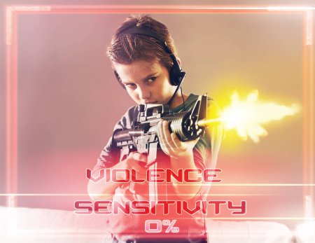 Photo for Kid, gaming and shooting a gun in video game competition with overlay of virtual skill or violence. Esports, graphic or child in online contest playing in battle challenge with electronics weapon. - Royalty Free Image