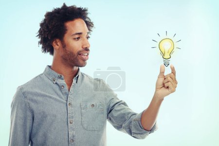 Photo for Man, light bulb and business entrepreneur or idea for creative designer for career growth, blue background mockup space. Male person, hand and startup employee for brainstorming, opportunity or goal. - Royalty Free Image