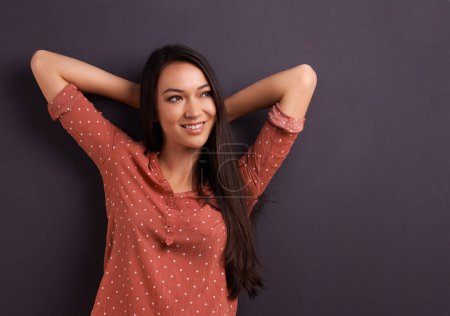 Photo for Mockup, fashion and woman in studio background, pride and cool for trendy style. Female model, smile and confidence with happiness, stylish and edgy girl in casual outfit or clothes from mexico. - Royalty Free Image