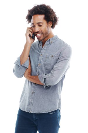 Photo for Man, phone call and communication in studio for speaking conversation or white background, networking or mockup space. Male person, smartphone and connectivity tech for chat, contact us or discussion. - Royalty Free Image