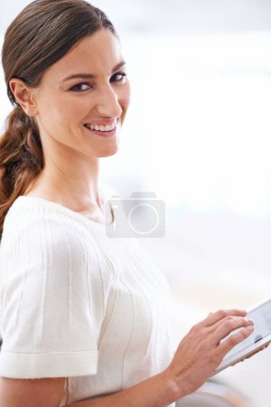 Photo for Businesswoman, portrait and tablet in office with smile, online network and tech person. Entrepreneur, creative business planning or internet browsing, social media research or website design. - Royalty Free Image
