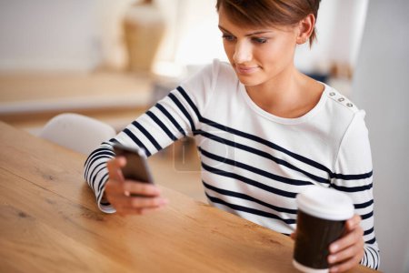 Photo for Cellphone, smile and woman with coffee in dining room networking on social media, mobile app or internet. Happy, technology and female person with cappuccino scroll on a phone at modern apartment - Royalty Free Image