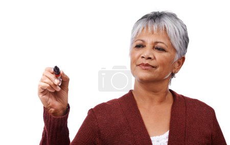 Photo for Senior woman, hand and pen for writing, presentation and promotion with mockup on white background. Female person, mature lady and teacher with gesture for display, show and notes for whiteboard. - Royalty Free Image